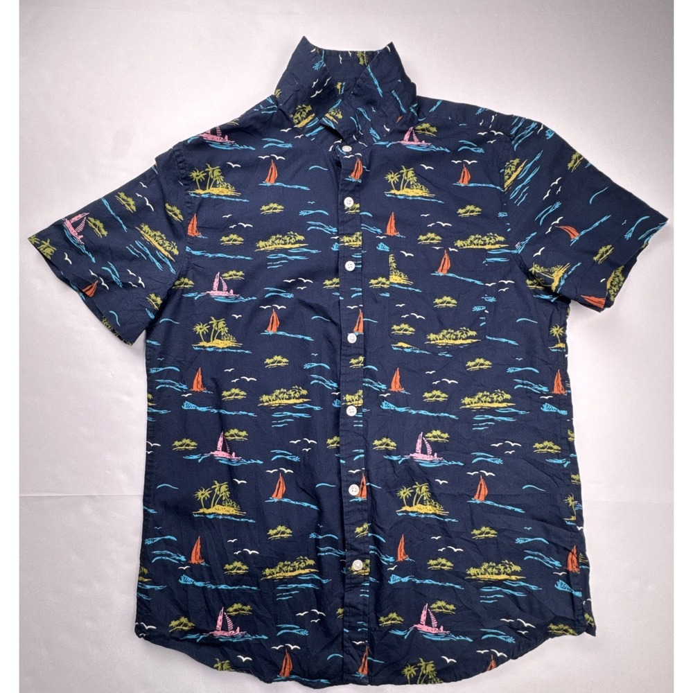 Forever 21 Button Down Shirt Tropical Sailboat Print Size Medium Navy Blue